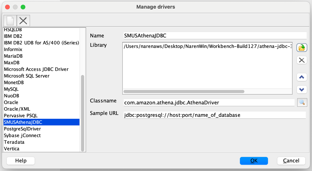Database driver management dialog showing SMUSAthenaJDBC driver configuration with library path and class name