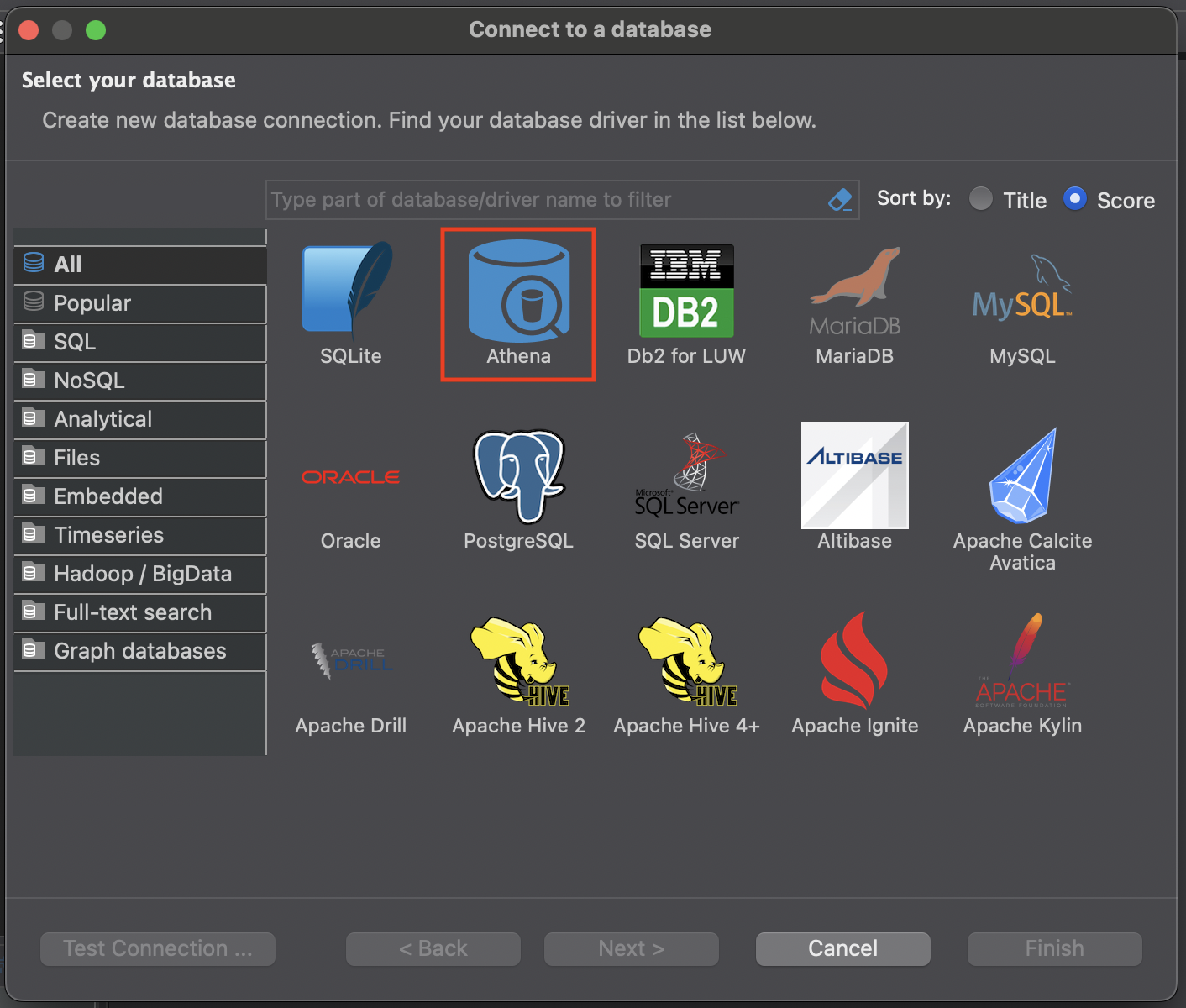 DBeaver database connection dialog showing Amazon Athena driver selection among available database options