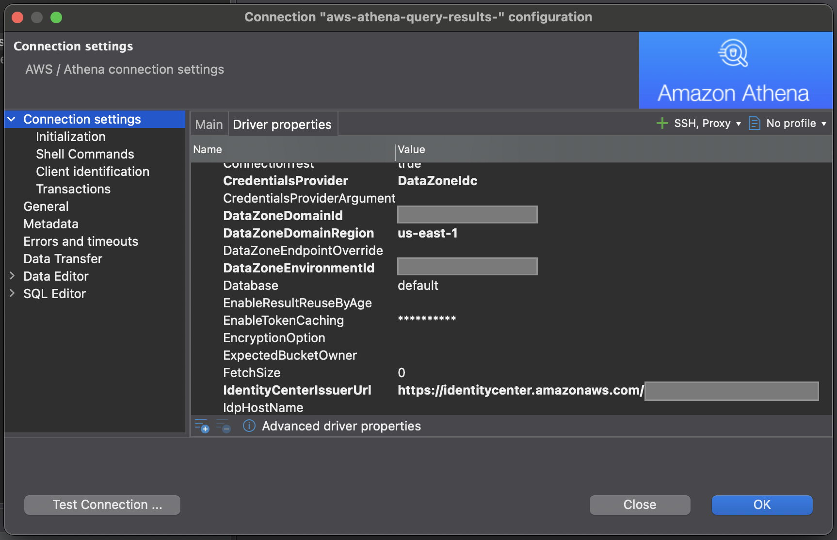 DBeaver connection configuration dialog for Amazon Athena with driver properties and authentication settings