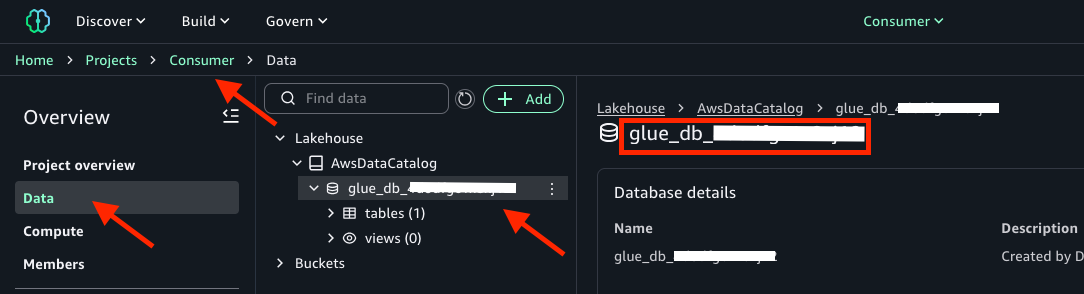Consumer project Data page: Lakehouse > AwsDataCatalog > glue_db database navigation with tables & views expandable sections