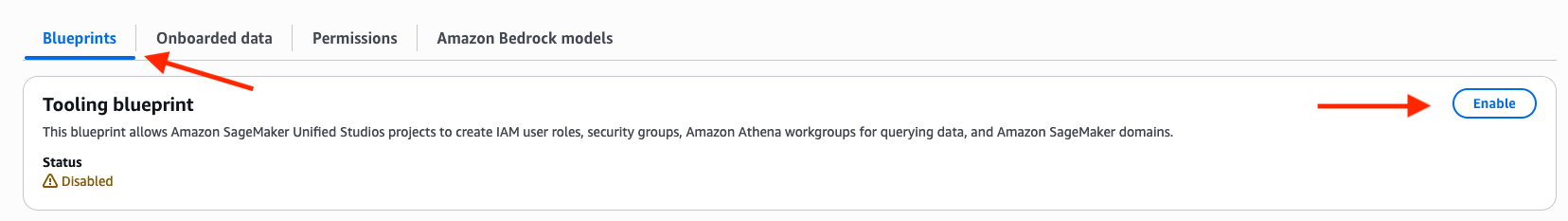 SageMaker Unified Studios Tooling blueprint config: disabled status with Enable button for IAM roles & AWS resource setup