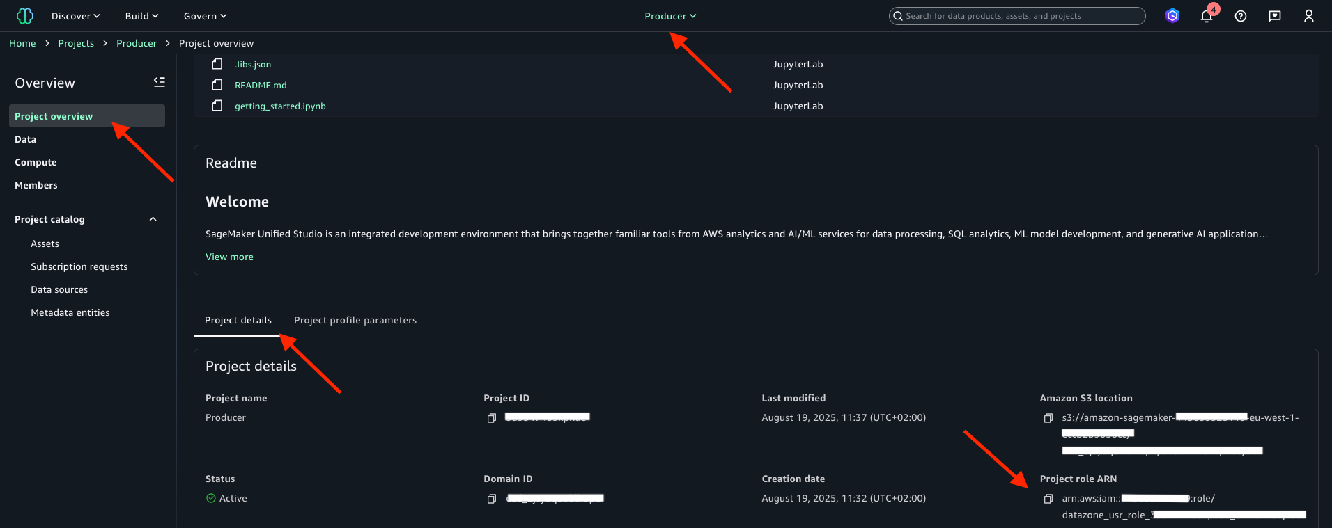 SageMaker Producer project overview: active status, files listed, S3 location & IAM role ARN displayed in project details tab