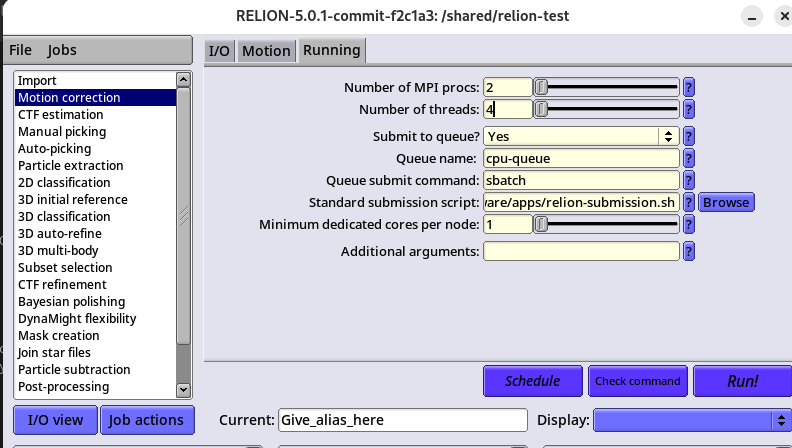 RELION GUI ジョブ投入確認画面