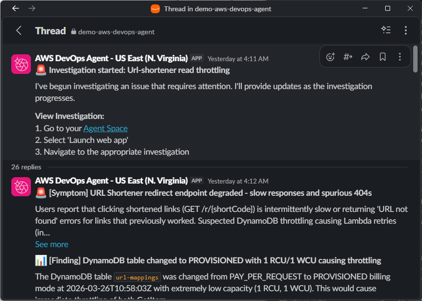 Fig 7 – AWS DevOps Agent Slack investigation notifications