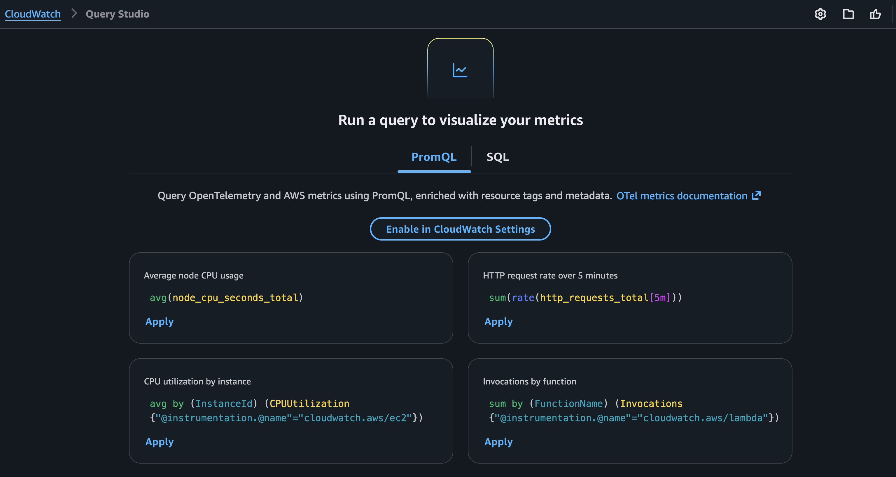 CloudWatch Query Studio interface with PromQL query mode selected