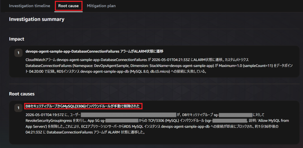 DevOps Agent による根本原因分析