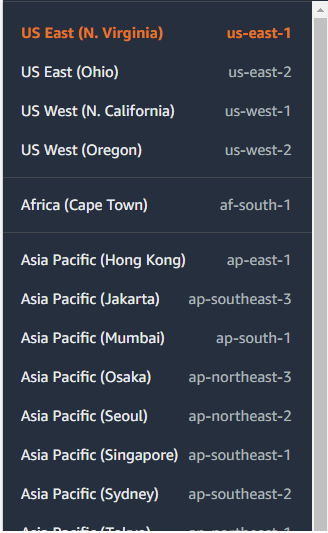 Region selector dropdown displaying available regions