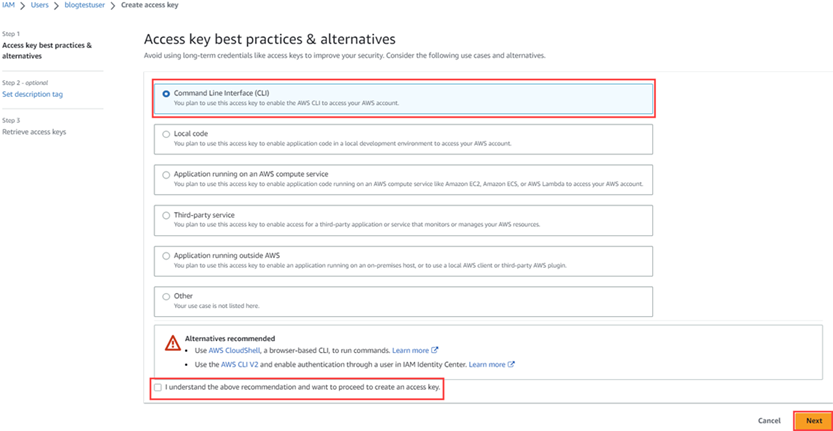 Window used to select access key best practices.