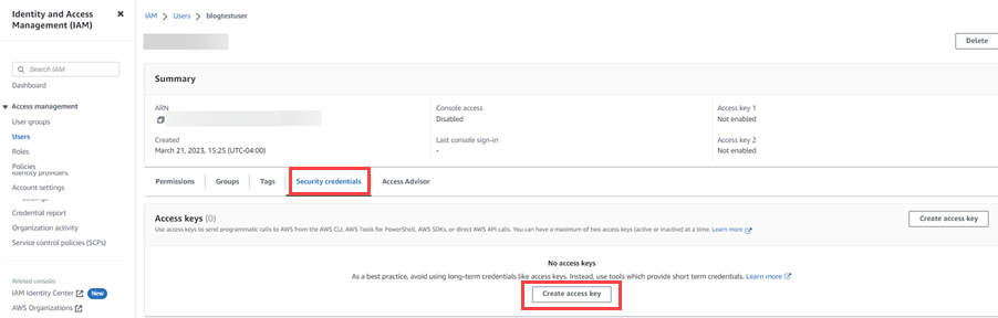 IAM window, click create access key to create the key for your user.
