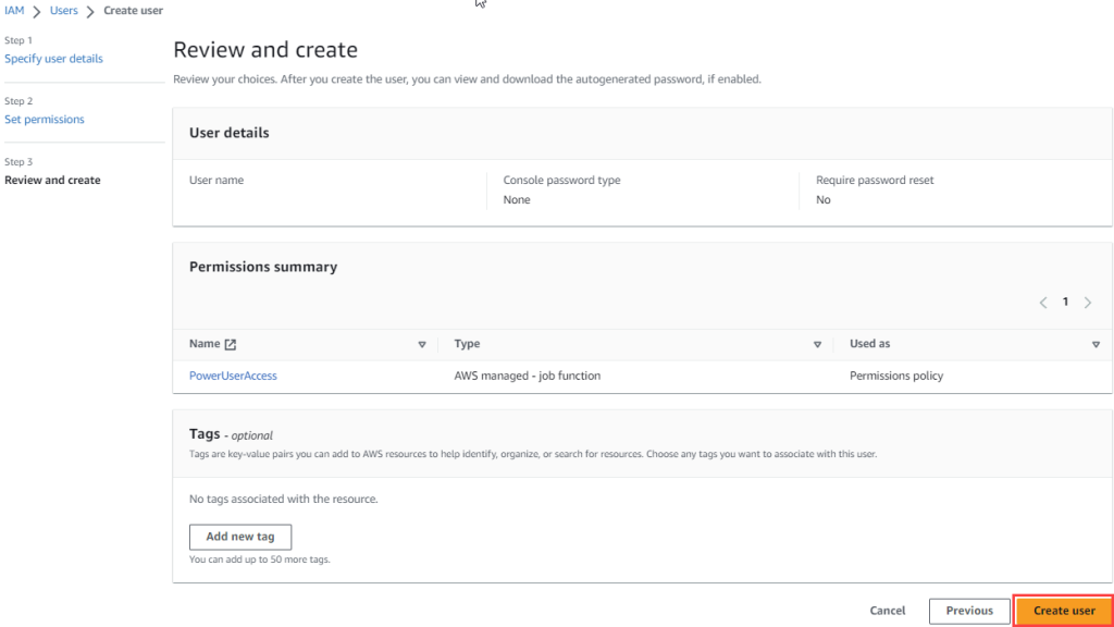 A window where you can review the user details entered and create a user.