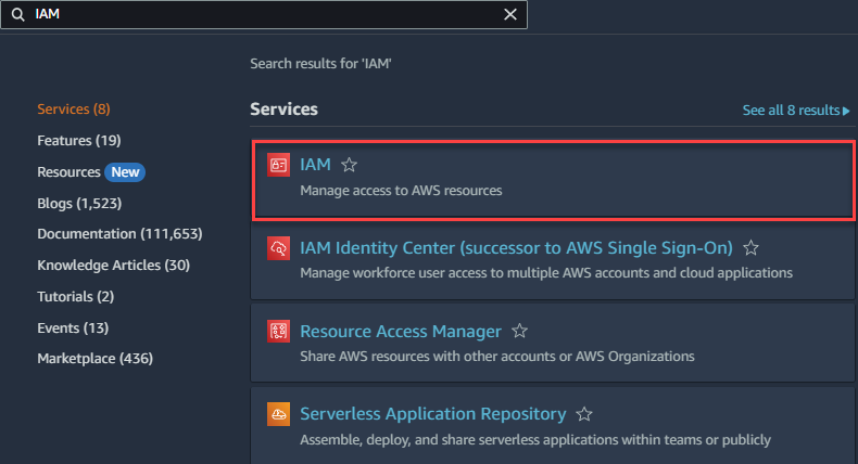 Services dropdown displaying search results for IAM.