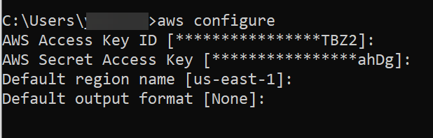 Command line window displaying AWS configure commands