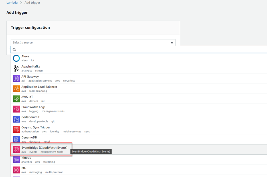 Add trigger screen of Lambda function menu in AWS Console. "Select a source dropdown is open with "EventBridge (Cloudwatch Events)" is highlighted