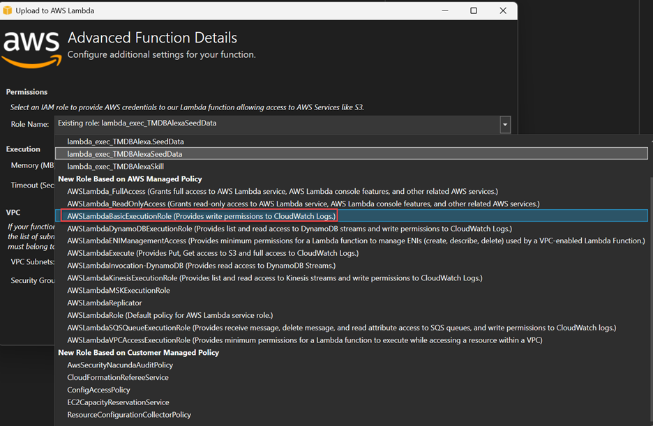 Advanced function details pane of Upload to AWS Lambda dialog in Visual Studio 2022. In Role Name dropdown, value AWSLambdaBasicExecutionRole is highlighted