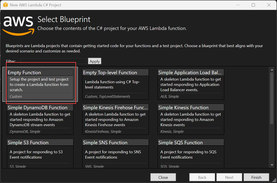 New AWS Lambda C# Project Select Blueprint page in Visual Studio 2022 with "Empty Function" highlighted