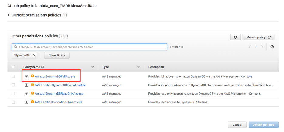 Attach policy page for ""lambda_exec_TMDBAlexaSeedData" in AWS Console. Policy name "AmazonDynamoDBFullAccess" highlighted