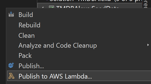 Right-click project context menu with "Publish to AWS Lambda" highlighted