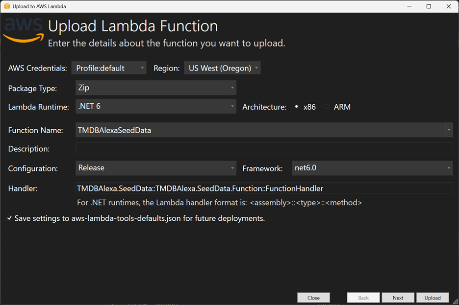 Upload Lambda Function Dialog in Visual Studio 2022 with function name populated with "TMDBAlexaSeedData"