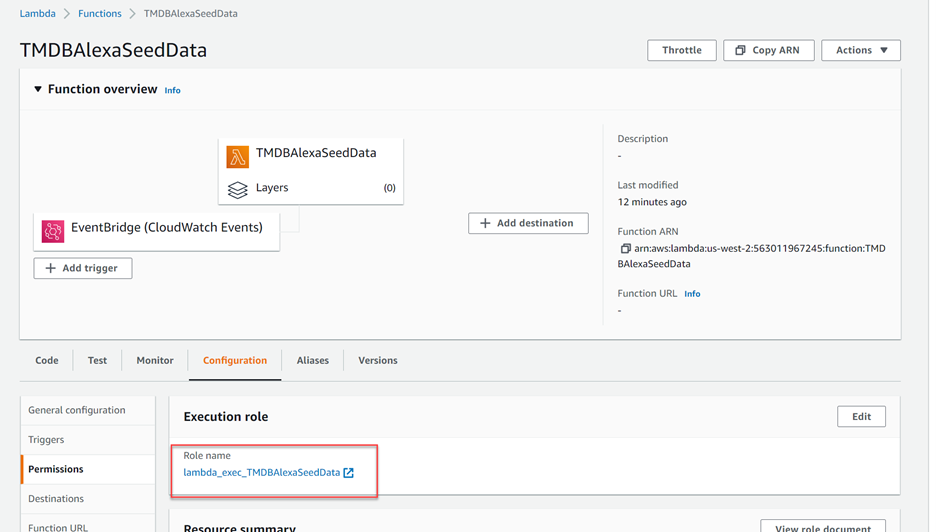 AWS Lambda Function named TMDBAlexaSeedData Configuration Page with Execution role Role Name "lambda_exec_TMDBAlexaSeedData" highlighted