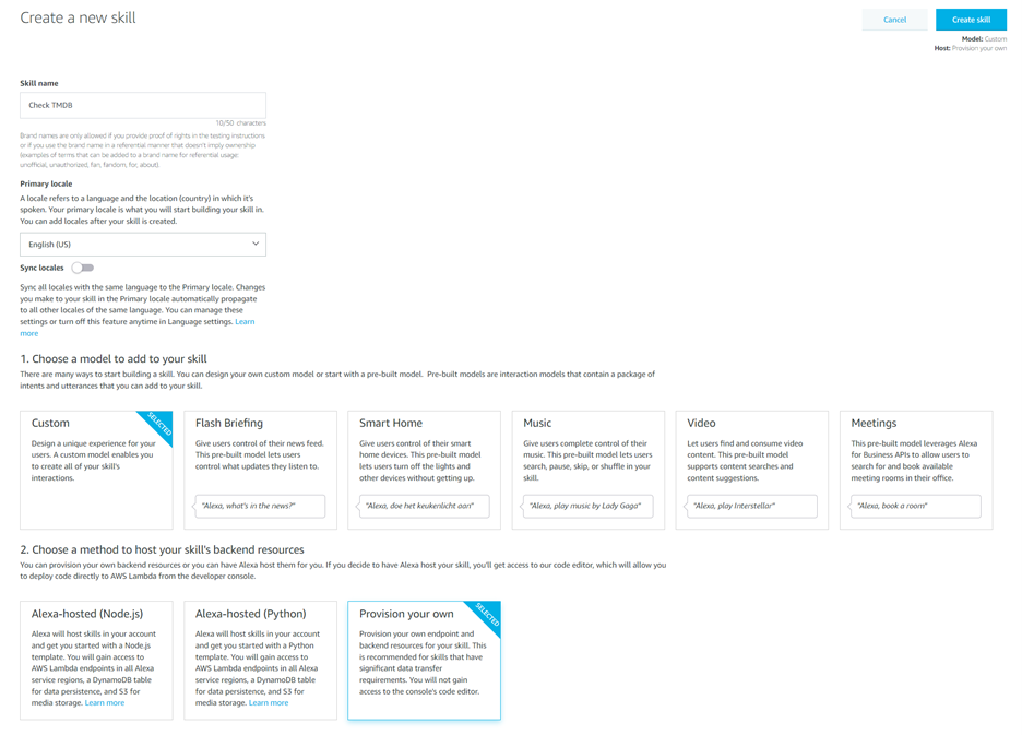 Create a new skill wizard in Alexa Developer Console. Skill name value is "Check TMDB". In "1. Choose a model to add to your skill" section, Custom option is selected.