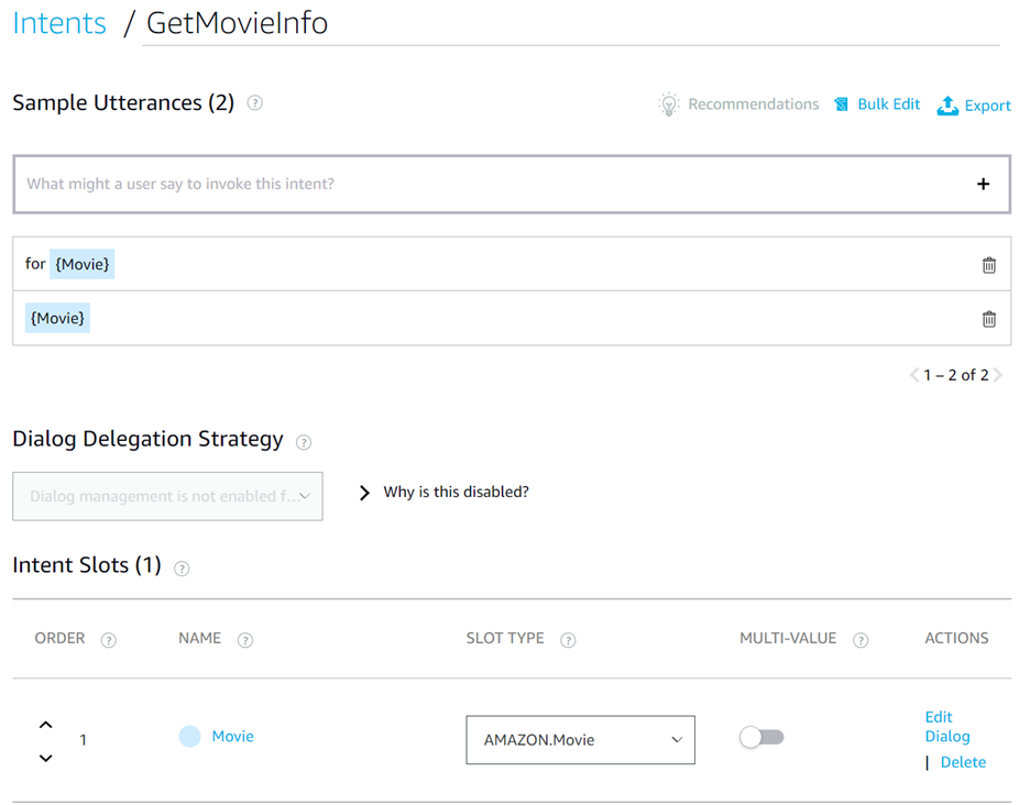 Intents section of Alexa Developer Console Intent name is GetMovieInfo