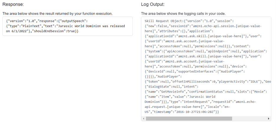 Response and Log Output section of AWS .NET Core 6.0 Mock Lambda Test Tool showing successful Response value {"version":"1.0","response":{"outputSpeech":{"type":"PlainText","text":"Jurassic World Dominion was released on 6/1/2022"},"shouldEndSession":true}}