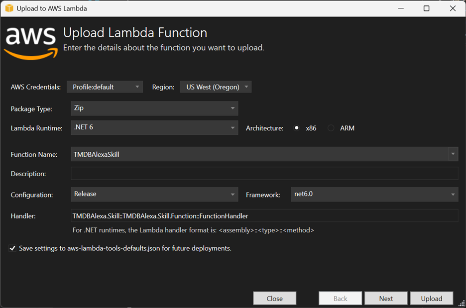 Upload Lambda Function Dialog in Visual Studio 2022 with function name populated with "TMDBAlexaSkill"