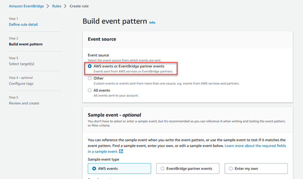Build event pattern window where you select the event source and can select the sample event type.