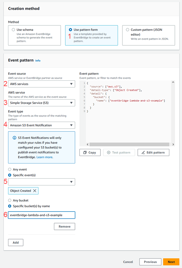 Build event pattern window where you select a creation method, and define the pattern information.