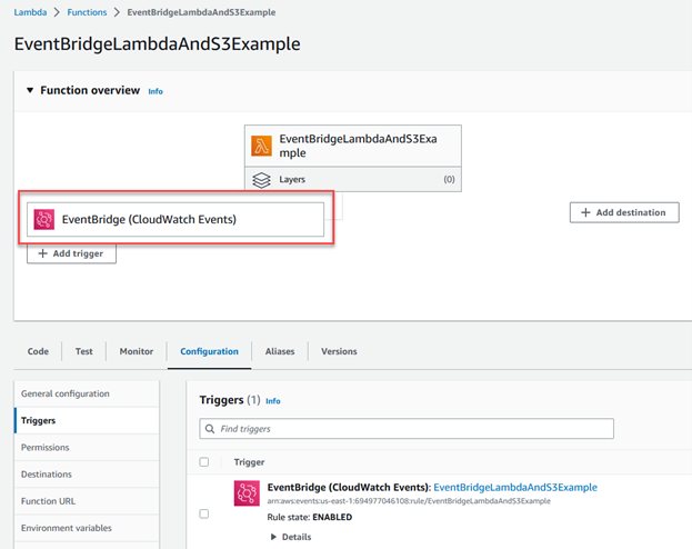 In this window review the Lambda triggers and view the newly created rule.