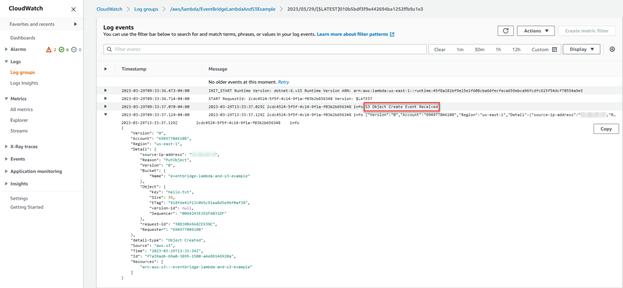 Log events window displaying the log entries for the Lambda function.