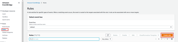Amazon Event Bridge window where you can select an event bus, search for or create a rule.