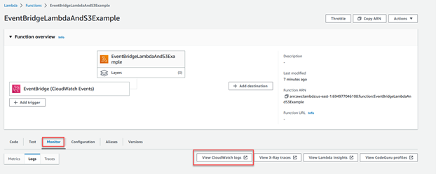 The Lambda function example window where you can view the function Overview, logs, and access the CloudWatch logs.