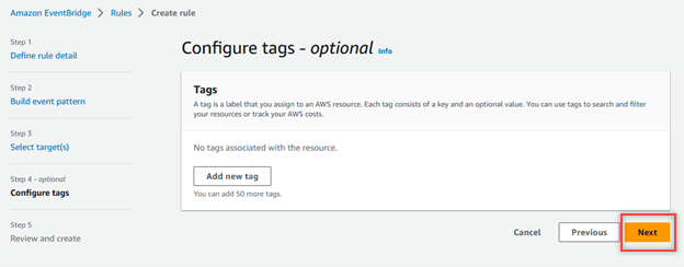 This is an optional step where you can configure tags for the rule by selecting Add new tag.