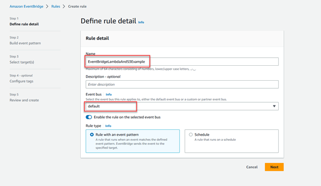 Define rule detail window where you choose a rule name and event bus.