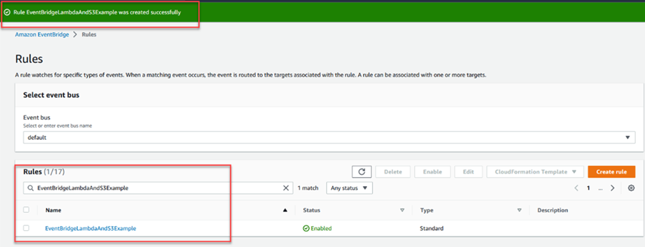 Rules list window displaying the newly created rule.
