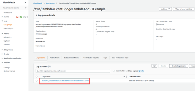 Log group details window. You can select Log streams and view the log stream information.