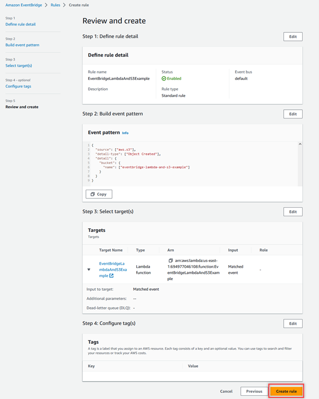 The Review and create window where you can review the rule details and select Create rule to create the rule.