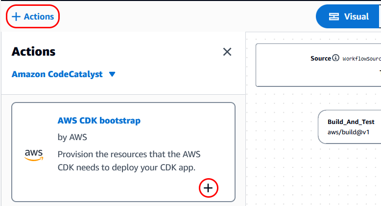 Workflow Actions list pane showing the AWS CDK bootstrap action.