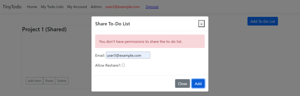 error message: you don't have permissions to share the to-do list