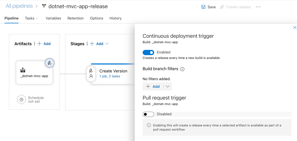 Figure 14: Release Pipeline Continuous Deployment Trigger