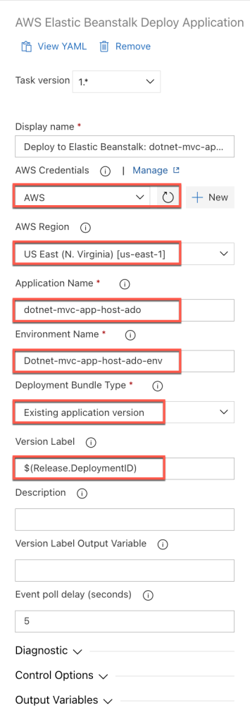 Figure 16: Release Pipeline Task Deploy to Elastic Beanstalk