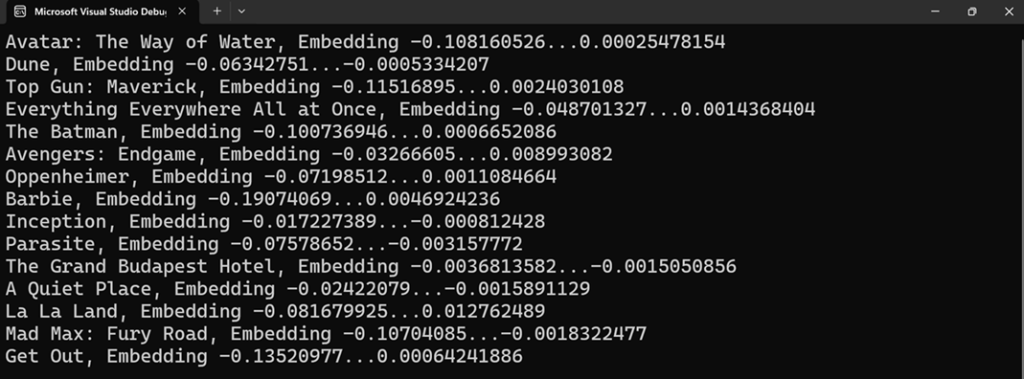 Visual Studio console showing vector embeddings output for multiple movie titles with numerical values.