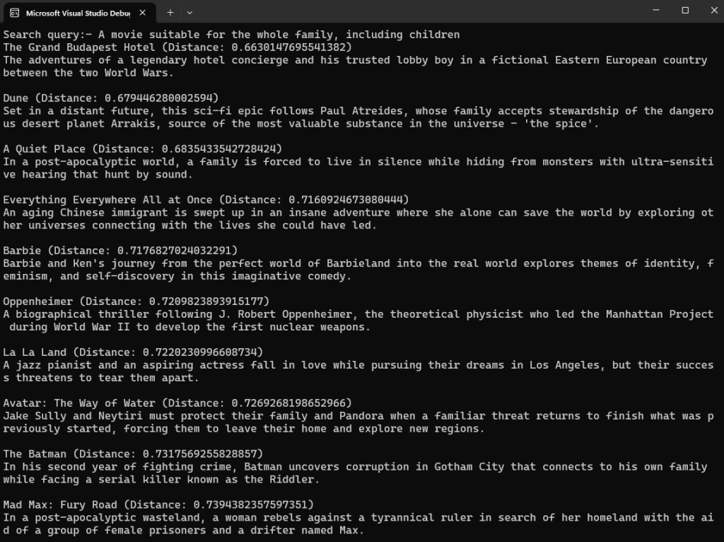 Visual Studio console showing search result of semantically similar movies with cosine distance scores.