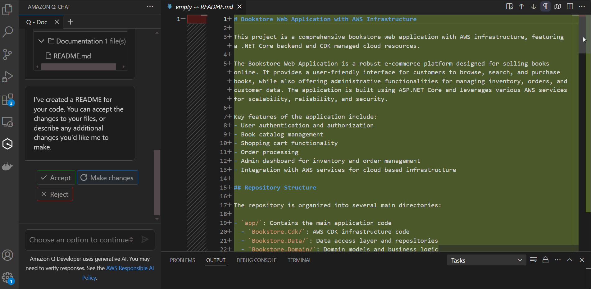 Figure 4: Amazon Q Developer analyzes the project and generates a README file
