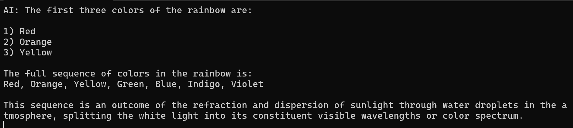Figure 2: Dotnet console window showing LLM response to a rainbow colors question.