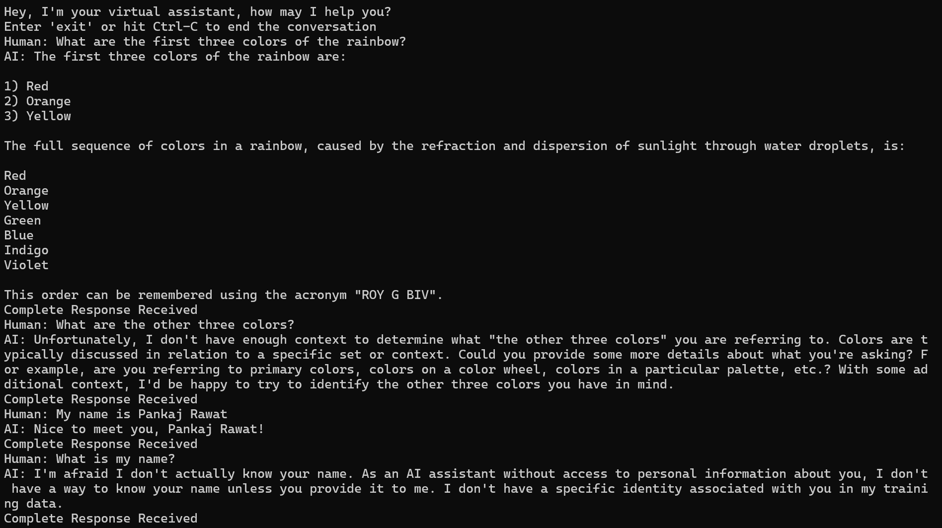 Figure 4: Dotnet console window displaying chatbot responses to multiple user prompts.