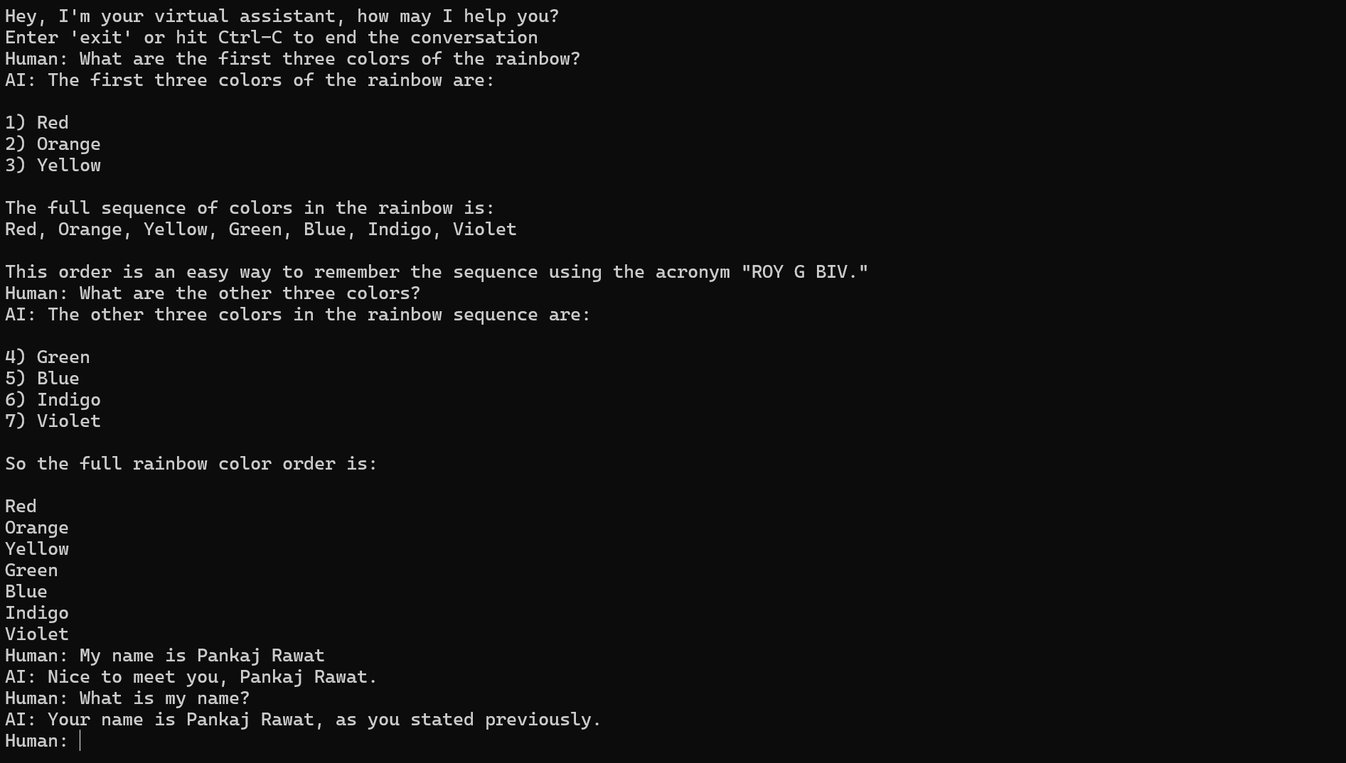 Figure 5: Dotnet console window displaying context-aware chatbot responses to multiple user prompt