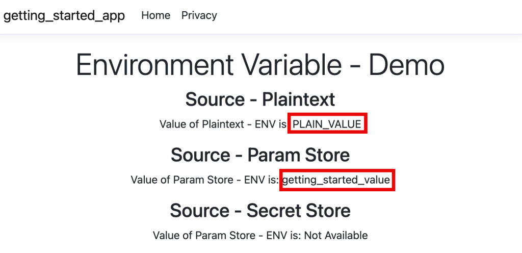 Figure 8: Retrieving Plain text and Parameter Store Environment Variables