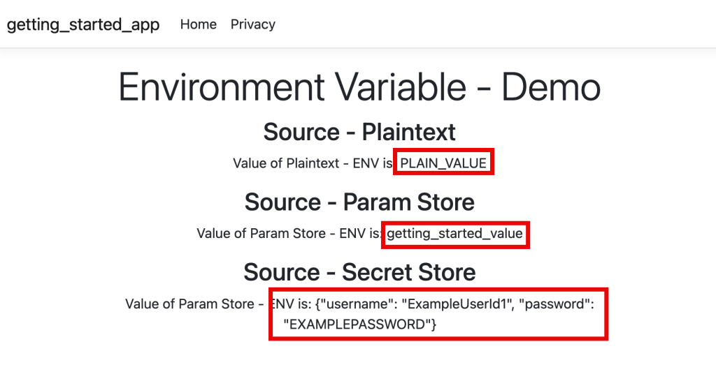Figure 11: Retrieving Plain text, Parameter Store and Secrets Manager Environment Variables